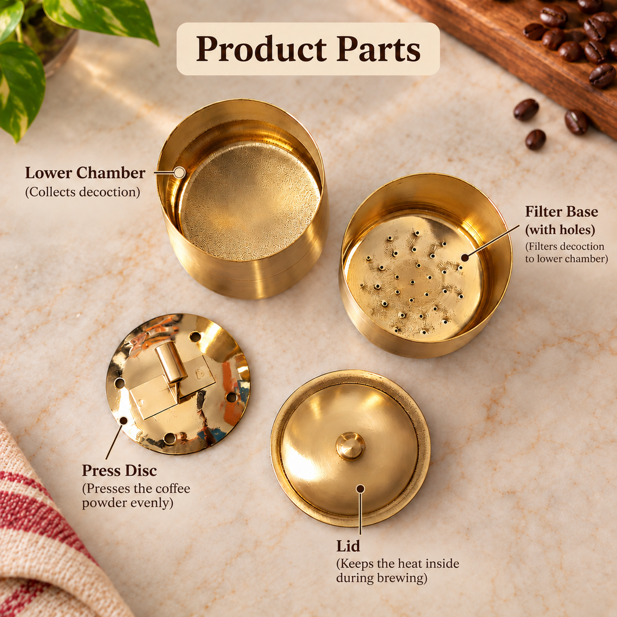 Brass coffee filter components showing chamber, perforated filter base, press disc and lid