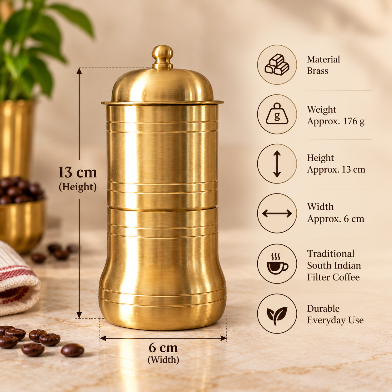 Solid brass coffee filter measuring 13 cm height and 6 cm width, weighing 176 g