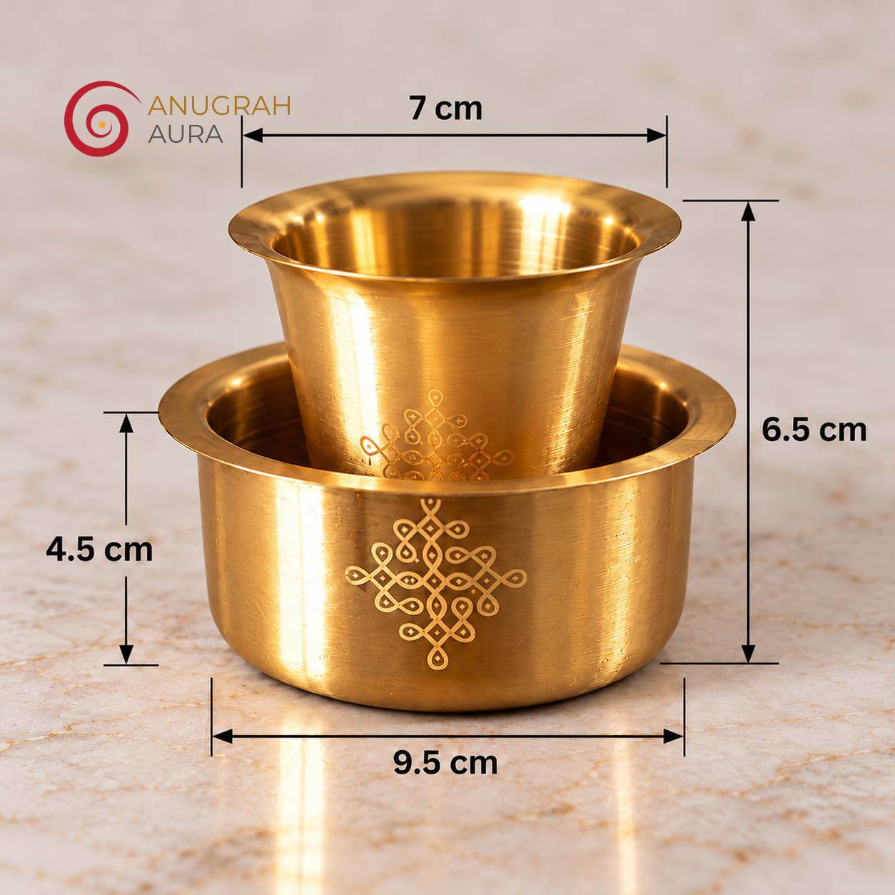 Brass dabara set dimensions showing 6.5 cm tumbler height, 7 cm width and 9.5 cm davara width