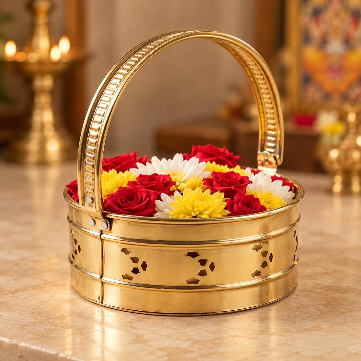 Brass flower basket for pooja filled with fresh flowers