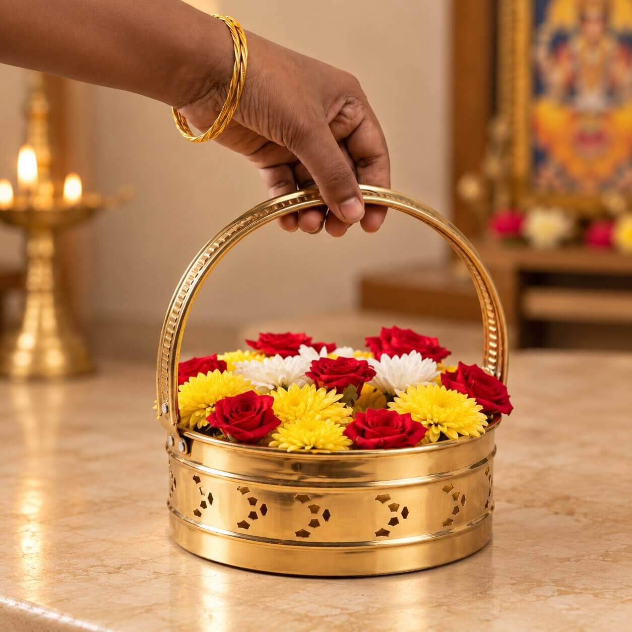 Hand holding brass flower basket by its arched handle