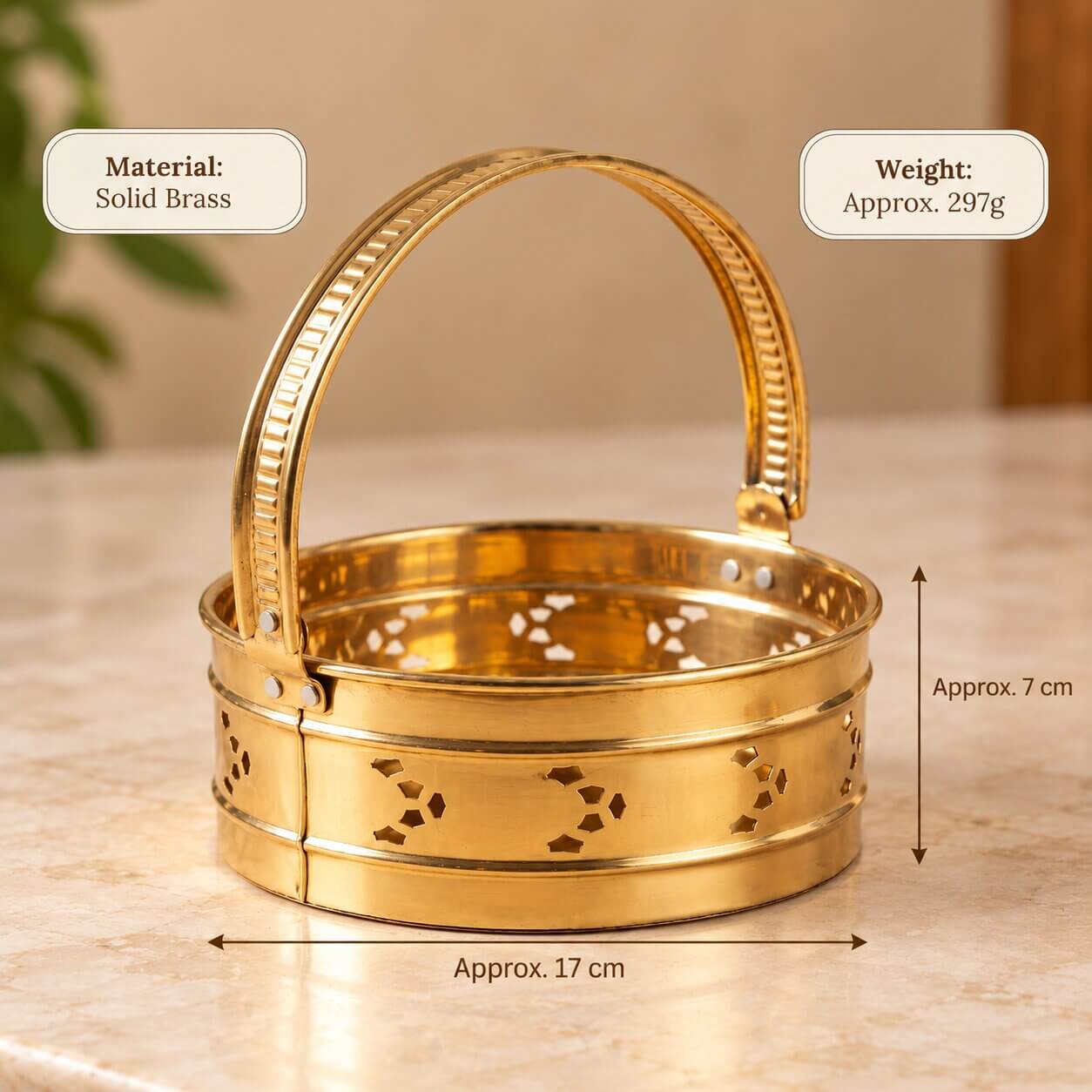 Round brass pooja tokri with cutwork design and handle