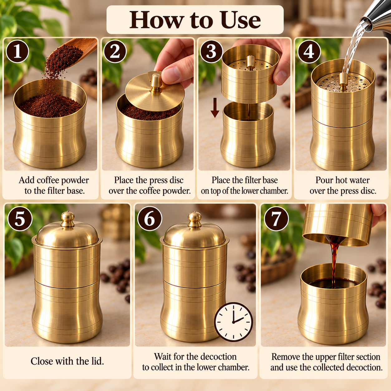 Seven-step guide to brewing South Indian coffee using a traditional brass coffee filter