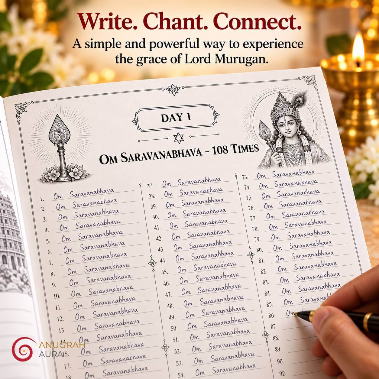 Om Saravanabhava mantra writing page with 108 numbered entries for daily Likhita Japa