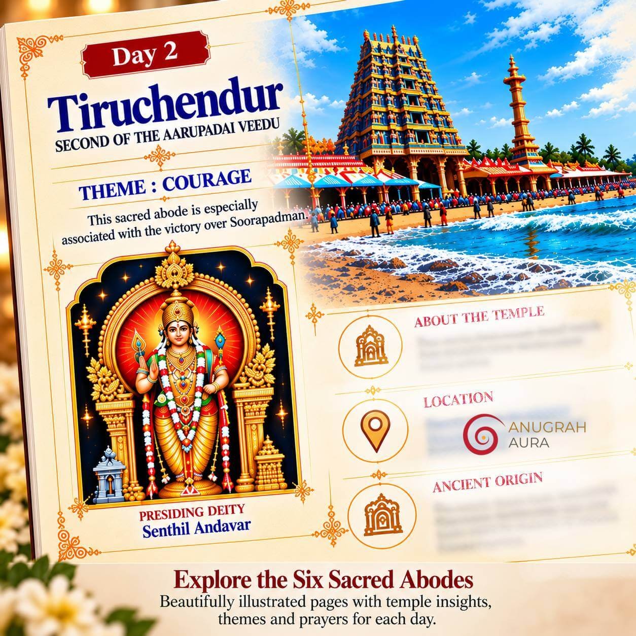 Colour Tiruchendur temple page inside the Om Saravanabhava devotional book
