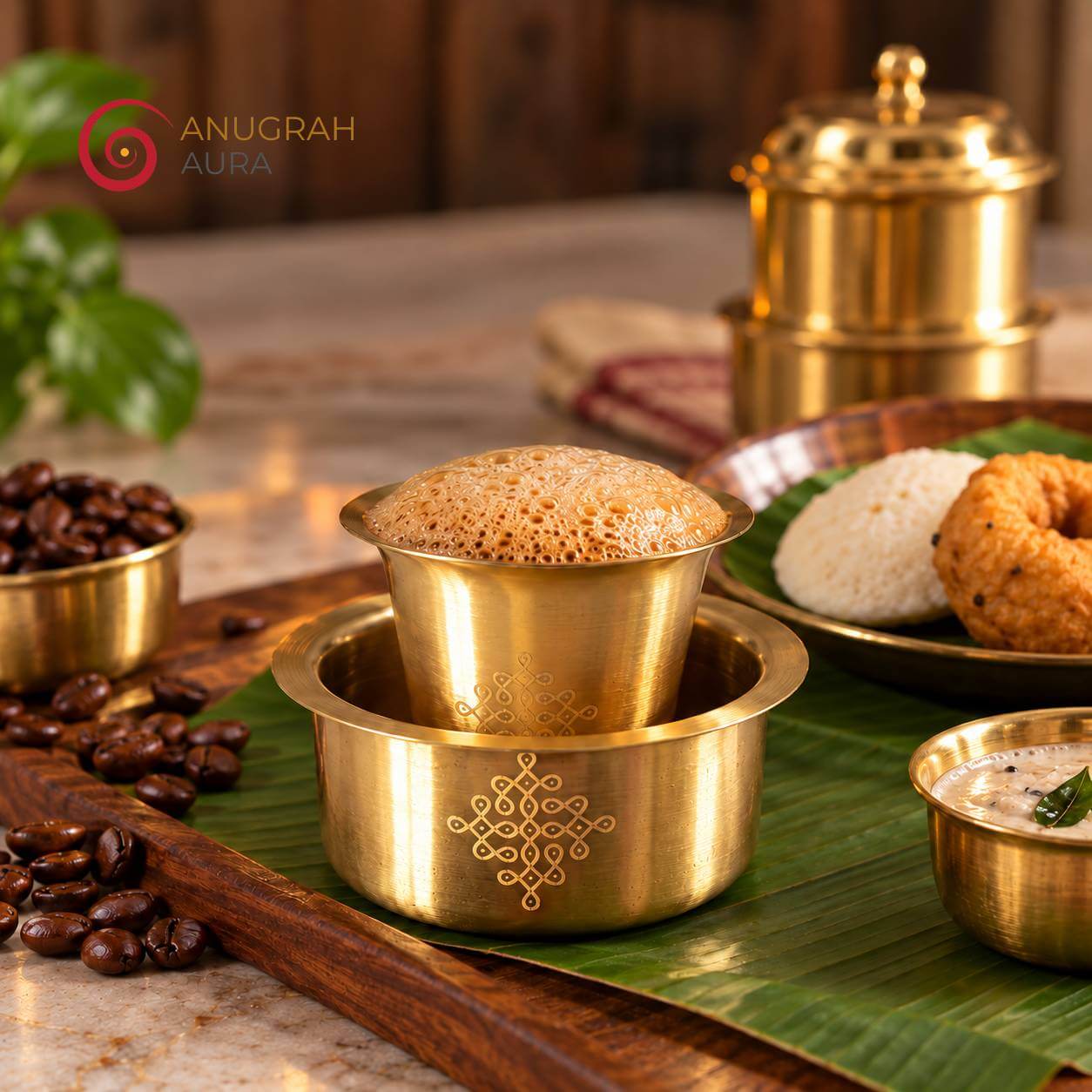 Traditional brass dabara set with South Indian filter coffee, idli and vada