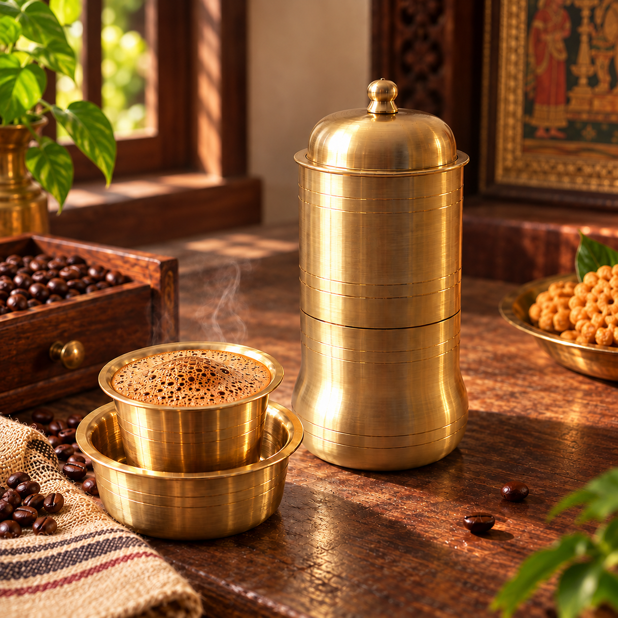 Brass South Indian coffee filter beside a frothy filter coffee tumbler in a traditional home