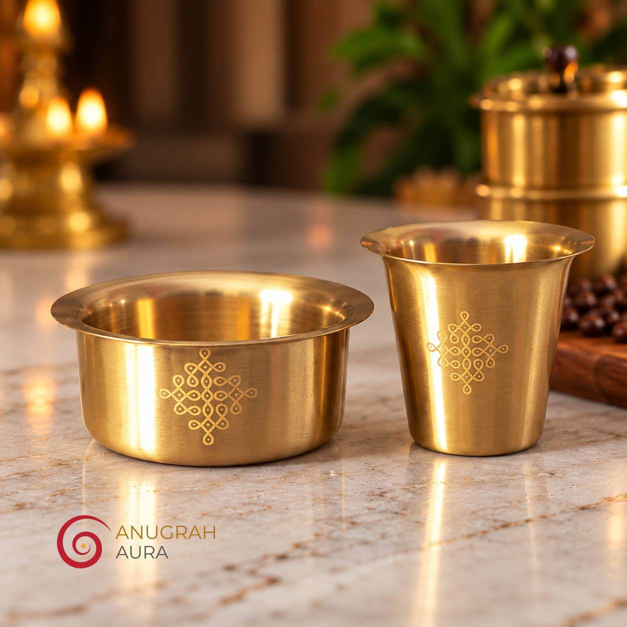 Brass coffee tumbler and matching davara bowl displayed separately showing both pieces