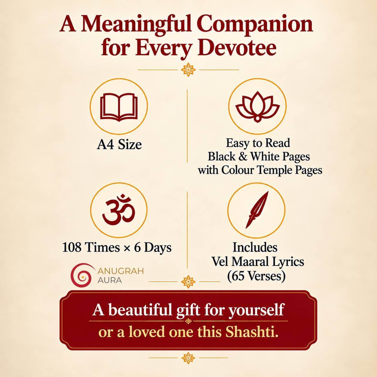 Shashti Special Murugan book featuring 65 Vel Maaral verses, six writing pages and temple guides
